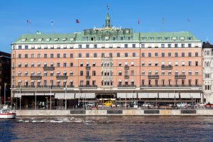 STOCKHOLM, SWEDEN - OCTOBER 12: Grand Hotel on October 12, 2013 in Stockholm. Grand Hotel is a luxury hotel at Stockholm waterfront and the only Swedish hotel among The Leading Hotels of The World.
